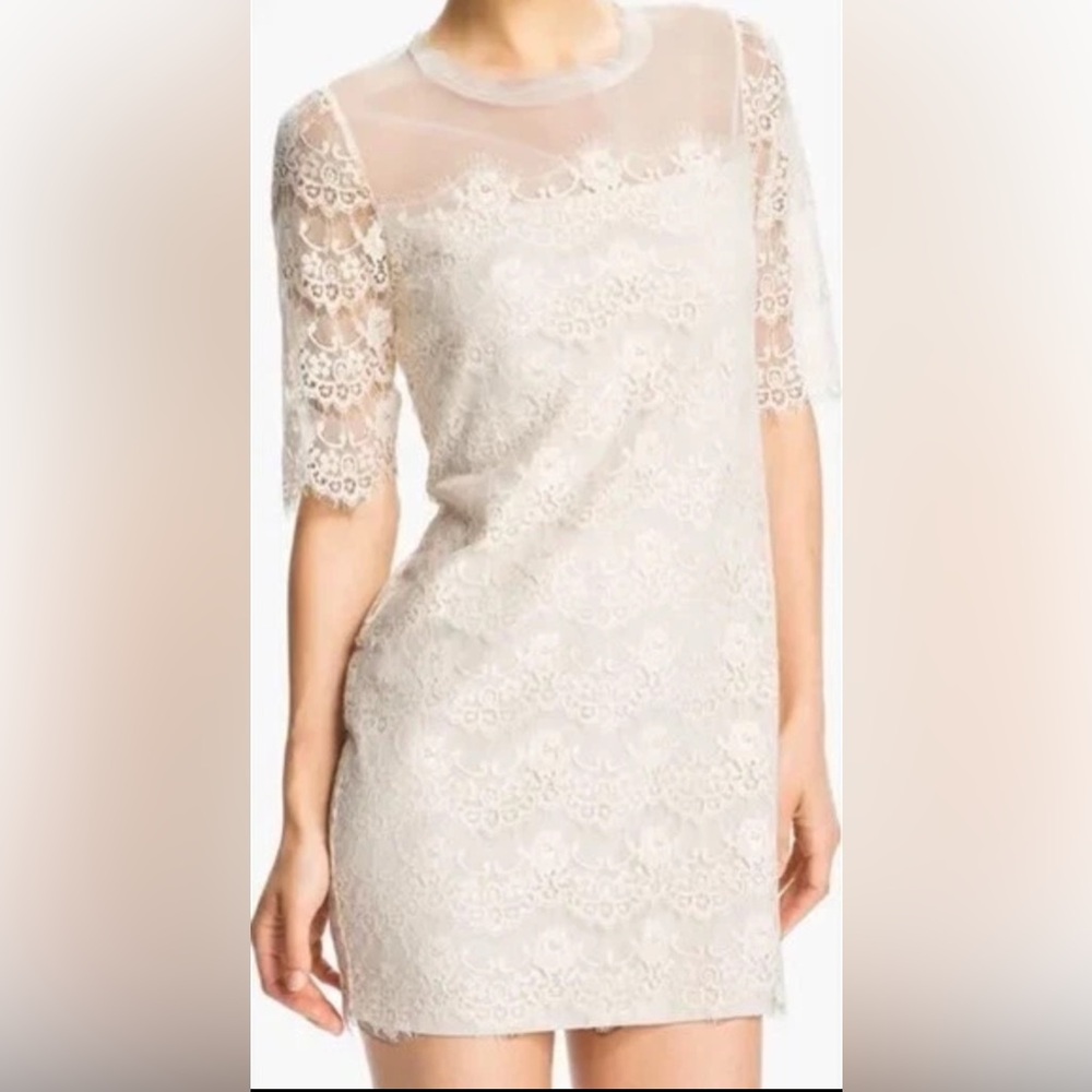 Max & Cleo Cream Lace Sheath Dress with Lace Sleeves
